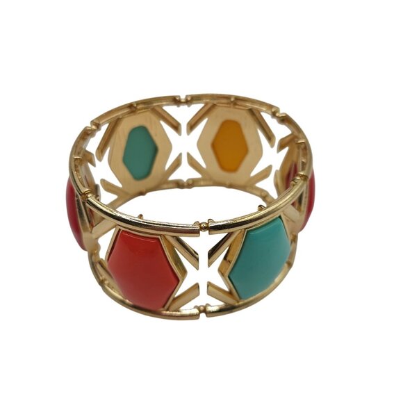 Boho Modern Chic Stmt GoldTone Red/Yellow/Aqua Gem Geometric Bangle Bracelet - Picture 5 of 13